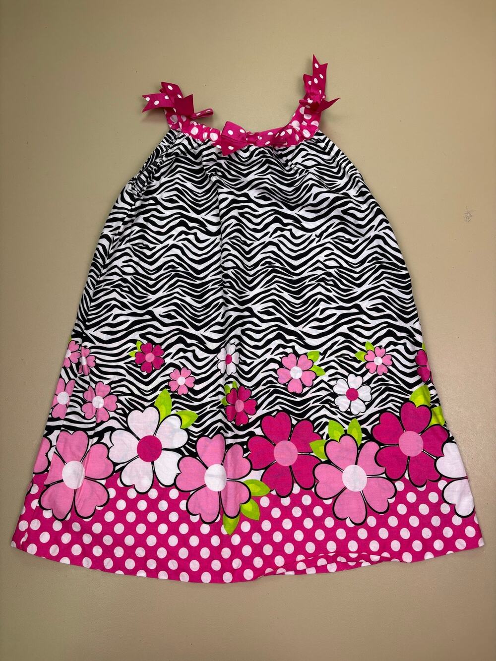 Rare Editions Girls Size 4 Zebra Floral Pink Polka Dot Bow Sundress EUC